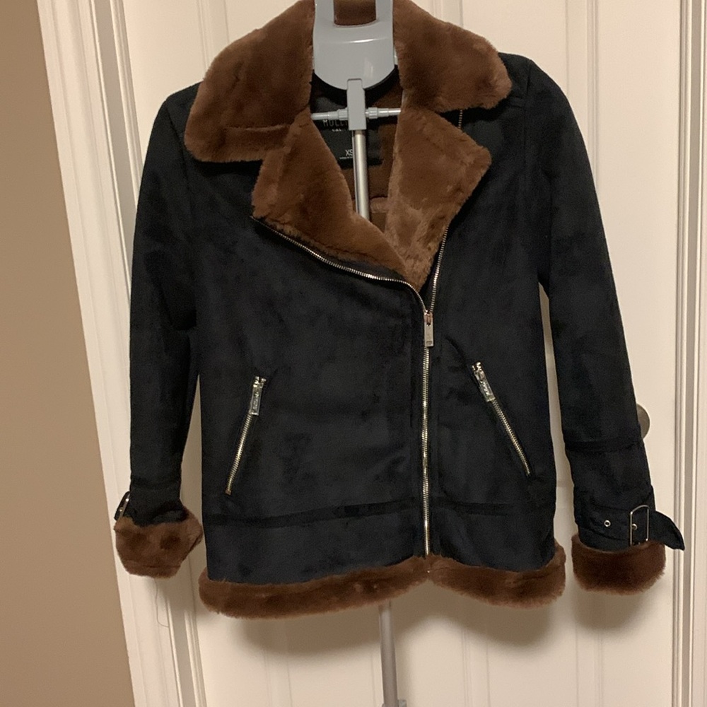 Hollister Women's Faux Suede Jacket Charcoal Black w/Faux Fur Brown Trim Size XS